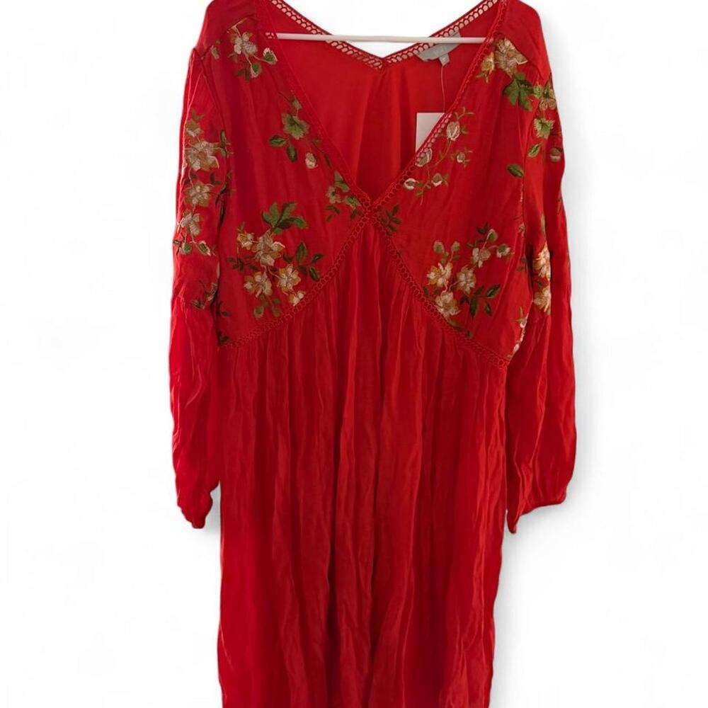 J Gee Red floral embroidered dress with green and white flowers, size 3X #floral